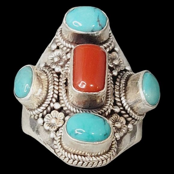 Heavy Native American Turquoise Coral Sterling Silver Ring 9 Adjustable 13.27g - Picture 6 of 11
